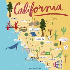 an illustrated map of the state of california with all its major cities and attractions on it