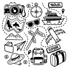 black and white illustration of travel related items in the shape of a circle on a white background