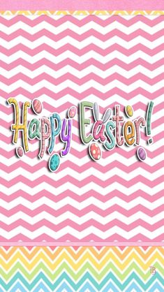 an easter card with the words happy easter in colorful chevrons and eggs on it