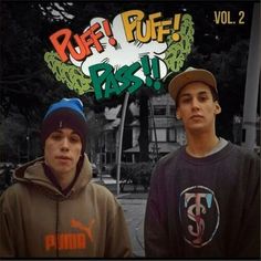 two young men standing next to each other with the words puff puff bash on them