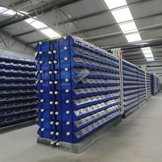 rows of blue and white shelves in a warehouse