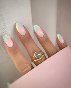 Oval Summer Nails Art Designs, Pastel Stripe Nails, Neon Glazed Nails, Spring Shellac Nails Simple, Round Nail Designs Spring, Summer Nails 2023 Color Trends Almond, Oval Spring Nails, Europe Vacation Nails, Black And White French Nails