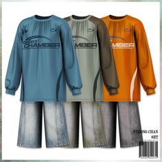 three long sleeved shirts and shorts are shown in the same color as each other