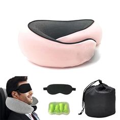 an image of a man with eye mask and travel pillow