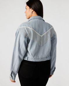 Expertly crafted, the CANYON denim jacket is a must-have addition to any wardrobe. This cropped denim jacket features exquisite rhinestone fringes for a touch of Western glamour, while the button-up closure ensures a perfect fit. Cropped denim jacket Button up closure Length: 19" 100% cotton Hand wash Evonique is 5ft 10 in and is wearing a size small Vanessa is 5ft 8in and is wearing a size large Imported Rhinestone Fringe, Fringe Jacket, Family Night, Cropped Denim Jacket, Denim Jacket Women, Spring Tops, Spring Looks, Sweaters Knitwear, Jacket Buttons