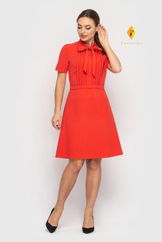 A beautiful red dress featuring bow neckline, empire waist, and a mini length.  - bow neckline - short sleeves  - tucked bodice - trapeze skirt - a line silhouette - above the knee length (mini) - belted  - concealed back zipper closure Fiber: 40% viscose, 55% polyester, 5% elastane Color: red For size 2 US / 36 EU: dress length - 38" (96,5 cm), sleeve length 8,66" (22 cm) Our model wears size 2 US and is 171 cm / 5'6" tall. You may feel free choosing the size. Just send us your measurements (bu Office Dress Women, Short Dress Elegant, Skater Dresses Casual, 80s Party Dress, Tuck Dress, Beautiful Red Dresses, Elegant Office, Dress With Short Sleeves, Office Dress