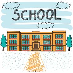 a drawing of a school building with the word school on it