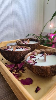 three coconut bowls with candles and petals on a tray