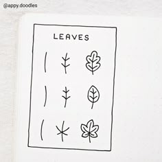 a notebook with leaves drawn on it and the words leave's written in black ink