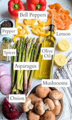 the ingredients to make this recipe include asparagus, mushrooms, bell peppers and lemons