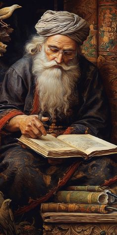 an old man with a long white beard is sitting down reading a book and holding a pen