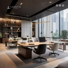 an office with large windows and wooden tables in the center, along with chairs and desks