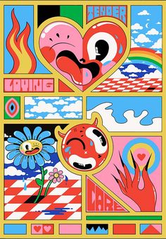 a poster with an image of two hearts and flowers in the middle, one has a face