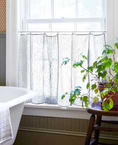 a white bath tub sitting under a window next to a potted plant in front of it