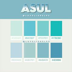 the color scheme for asul is shown in blue, green and gray tones with white letters