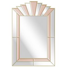 an art deco mirror with pink and gold trimmings on the edges, against a white background