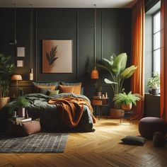 a bedroom with dark walls and wooden floors has plants in the corner, an orange blanket on the bed