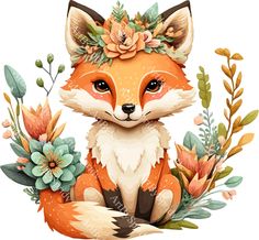 a cute fox with flowers on its head