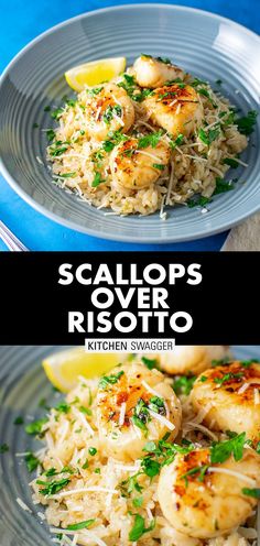 scallops over risotto with lemon and parsley on the side