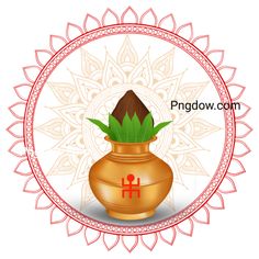 a golden vase with green leaves in it on top of a white and red background