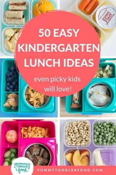 several different lunch boxes filled with food and the words, 50 easy kids's lunch ideas