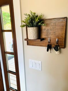 a potted plant is hanging on the wall next to a light switch and some keys