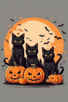 three black cats sitting on top of pumpkins in front of a full moon with bats