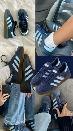 four pictures of people wearing adidas shoes and jeans, one in the process of tying them up