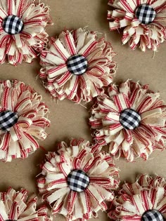 red and white plaid fabric flowers with black centers