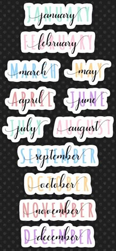 Pastel Calligraphy Months of the year Headers Calligraphy Stickers Printable, Hand Lettering Months Of The Year, Journal Stickers Drawing Ideas, Months Lettering Fonts, Months In Different Fonts, May In Different Fonts, Month Calligraphy Hand Lettering, Month Writing Fonts, May In Calligraphy