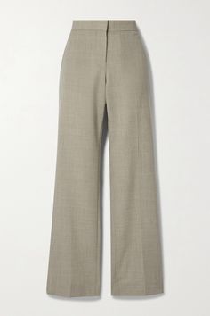 The Row's 'Baer' pants are woven from versatile mushroom mélange wool that'll go with so much in your closet. They have straight legs with elongating pressed creases. Wear yours with anything from a tank top, collared shirt or chunky sweater. The Row Clothing, Work Bottoms, University Clothes, Staple Pants, Png Outfits, Neutral Pants, University Outfit, Capsule Wardrobe Essentials, Trouser Design