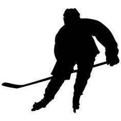 the silhouette of a hockey player is shown in this black and white photo, holding a stick