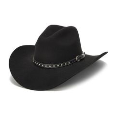 Unsure of what a Dropship item is? Click this link so you are fully informed prior to your purchase!  The 100X Wool Felt in this hat is high quality, long lasting, and soft for comfortable wear. This hat will complete any outfit with its trendy, skinny leather belt-style band featuring rhinestones along the front. Perfect for the stylish western lover who wants an elegant touch of glamour, day or night.*Center dent style crown with upturned side brims*Skinny leather belt band with Rhinestones an Brown Cowboy Hat, Black Cowboy Hat, Black Cowboys, Outback Hat, Felt Cowboy Hats, Stetson Hat, Black Cowboy, Mini Studs, Belt Style