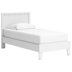 a white bed with a headboard and foot board is shown against a white background