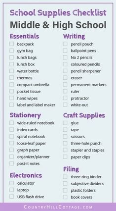 school supplies checklist for middle and high school students