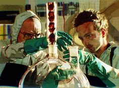 two men are looking at something in a glass vase that is being filled with liquid