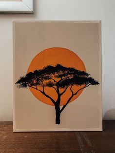 a painting of a tree in front of an orange sun with the silhouette of a giraffe on it