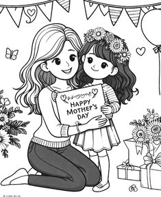 a mother's day coloring page with two girls holding a sign that says happy mothers day