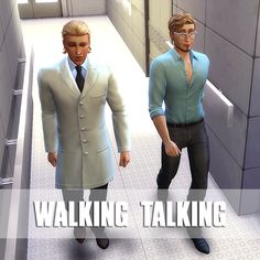 two animated men in suits walking down a hallway with the caption talking to each other