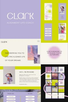 the website design for clark is shown in purple, green and yellow colors