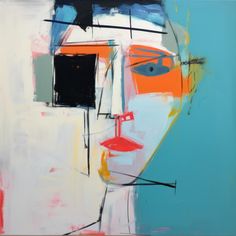 an abstract painting of a woman's face with blue, orange and white colors