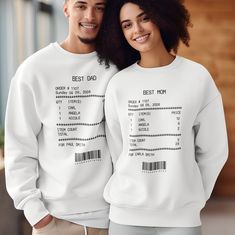 Personalized Mom Dad Matching Receipt Sweatshirt, Custom Receipt Mom & Dad Sweater, Mom gifts for Dad With Children Names .: 50% cotton, 50% polyester .: Medium-heavy fabric (8.0 oz/yd² (271.25 g/m .: Loose fit .: Runs true to size Cotton Top With Name Print For Winter, Winter Cotton Top With Name Print, White Long Sleeve Top With Name Print, White Sweatshirt With Name Print And Relaxed Fit, Mom And Dad Sweatshirts, White Long Sleeve Sweater With Name Print, Relaxed Fit White Sweatshirt With Name Print, Dad Crewneck Sweatshirt, Father's Day Name Print Crew Neck T-shirt