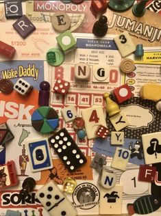 many different types of buttons and magnets on a piece of paper with words written in them