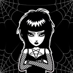 a black and white image of a woman with her arms crossed in front of a spider web