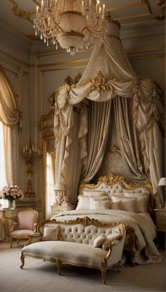 a fancy bedroom with a canopy bed and chandelier