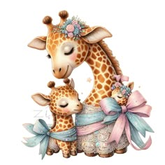 a mother giraffe and her two babies in a basket with flowers on their heads