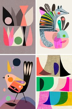 four abstract paintings with different shapes and colors