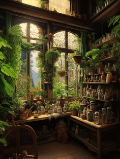 a room filled with lots of potted plants next to a window covered in greenery