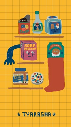 an illustrated poster with various items on the shelf