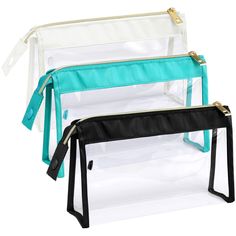 two clear bags with black handles and one white bag with blue linings on the sides